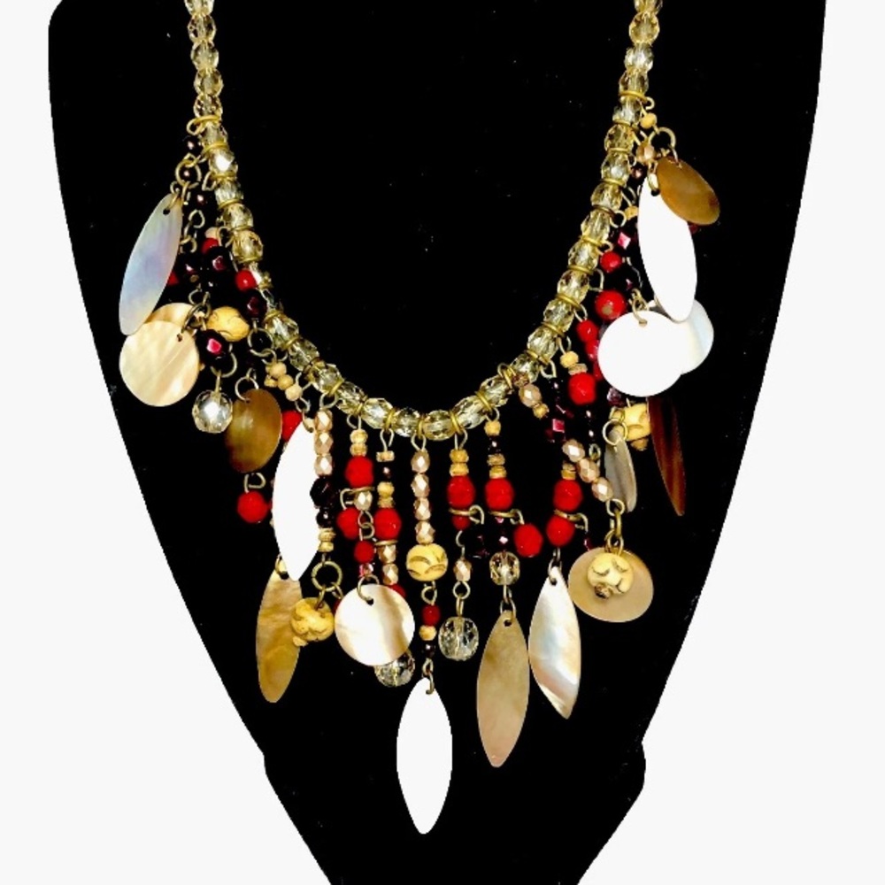 Chico's Necklace Mother of Pearl Beads Shells Charms Adjustable Boho